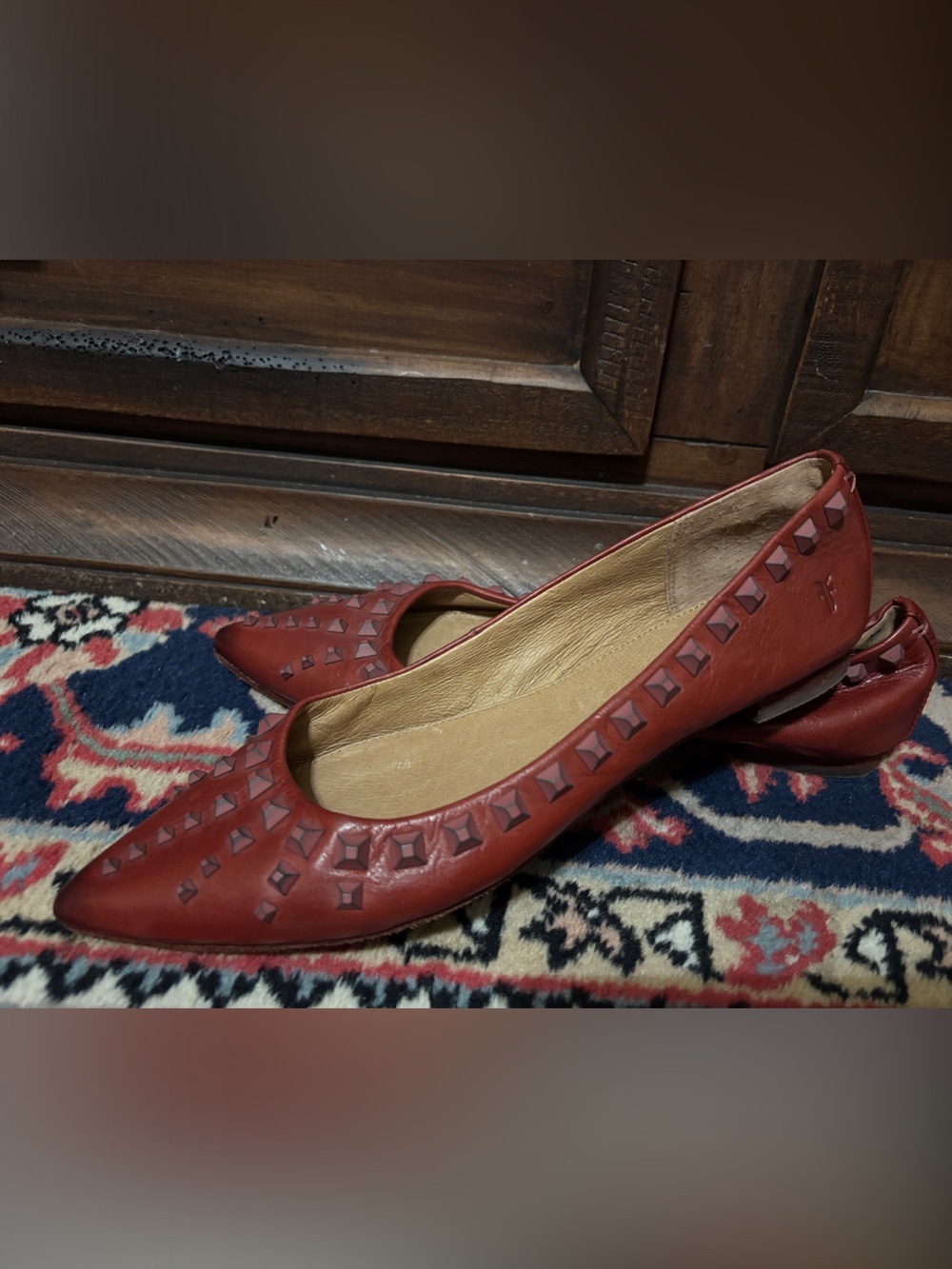 Frye Burgundy Studded Pointed Leather Flats - Picture 5 of 6